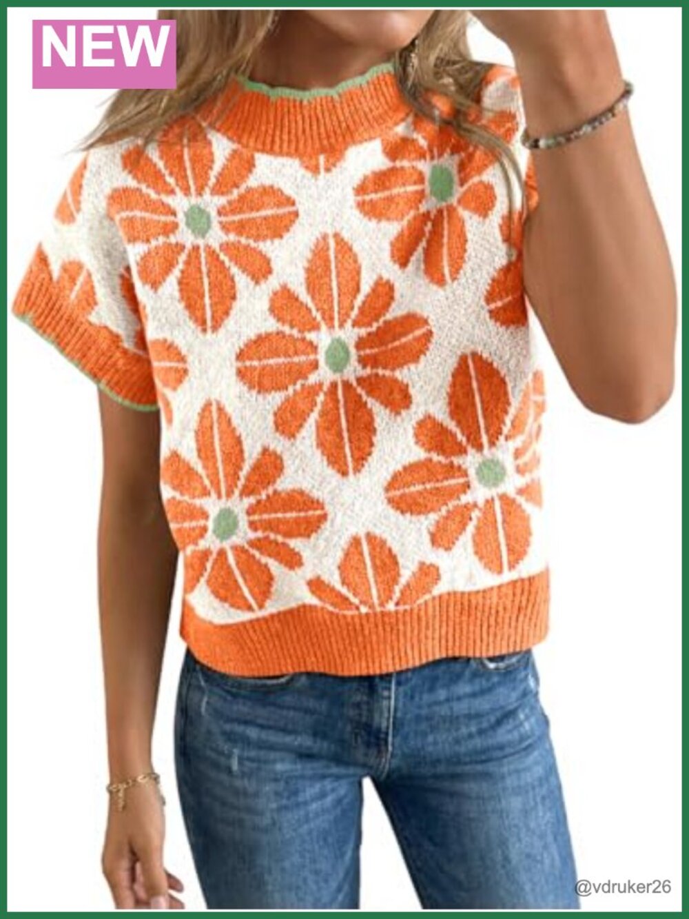 Women's Floral Sweater Short Sleeve Crew Neck Loose Knit Summer Pullover